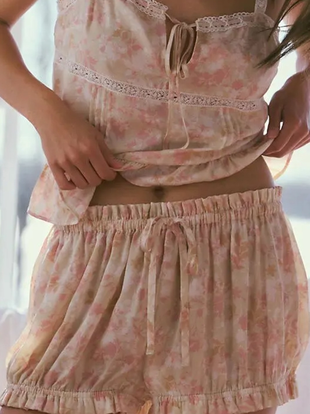 Anthropologie Cream PJ Shorts with Pink Floral Ruffle